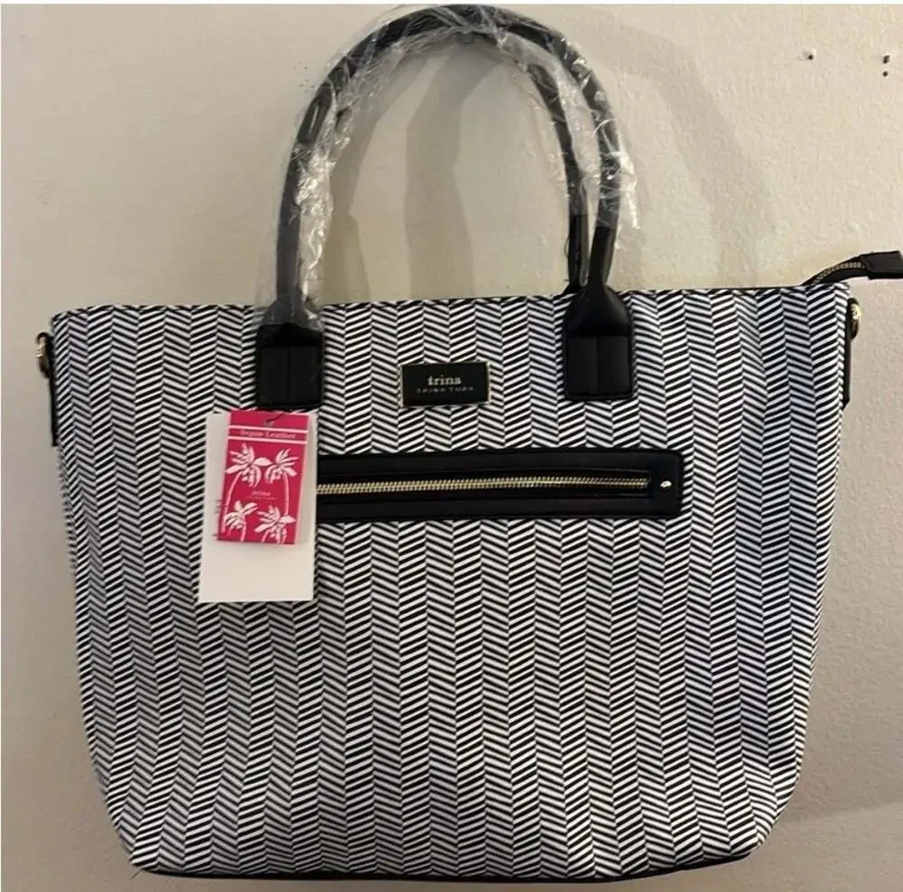 Trina Turk Vegan Leather Black and White Herringbone Print Tote Bag